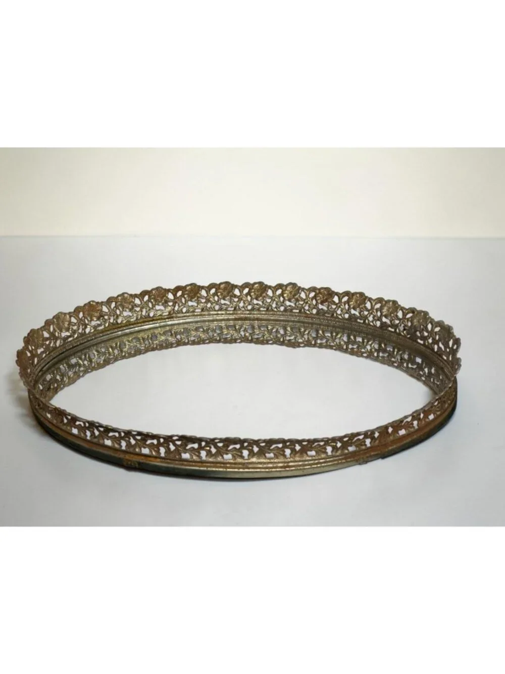Ornate Vintage Gold-Tone Filigree Vanity Tray With Mirror Oval Design